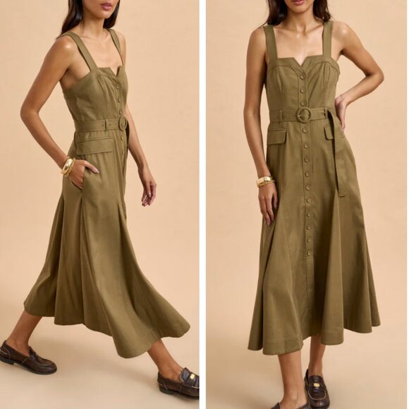 La Ligne Desi Midi Dress Caper Olive Green Sz4 Causal Vacation Party